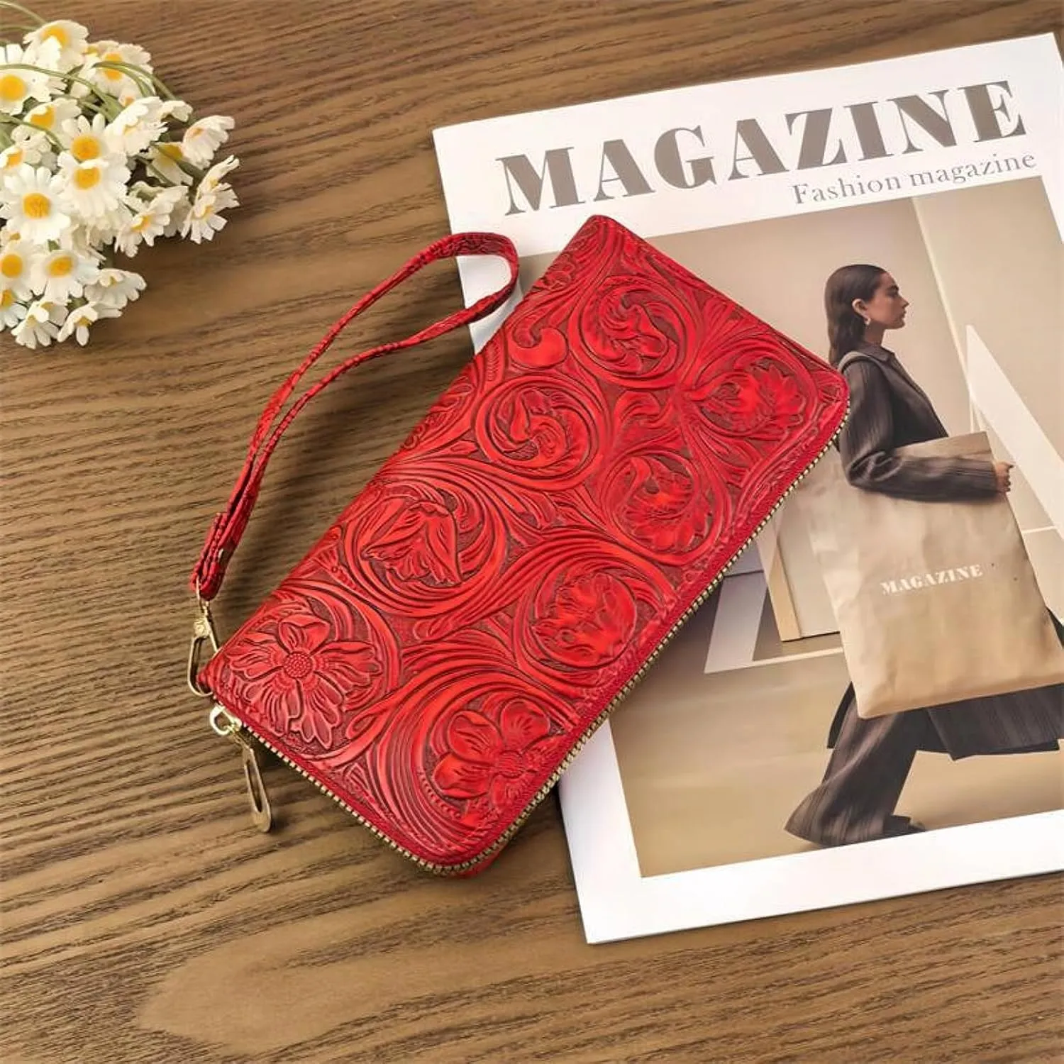 Womens Wallet Wristlet RFID Blocking Floral Vegan Leather Purse Long Zip Around Clutch Large Capacity Card Holder