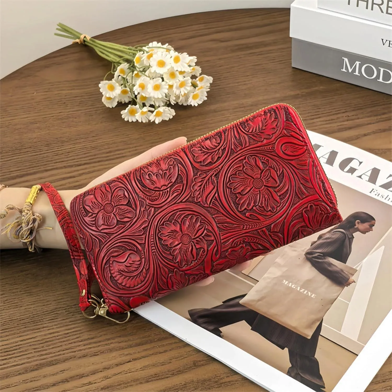 Womens Wallet Wristlet RFID Blocking Floral Vegan Leather Purse Long Zip Around Clutch Large Capacity Card Holder