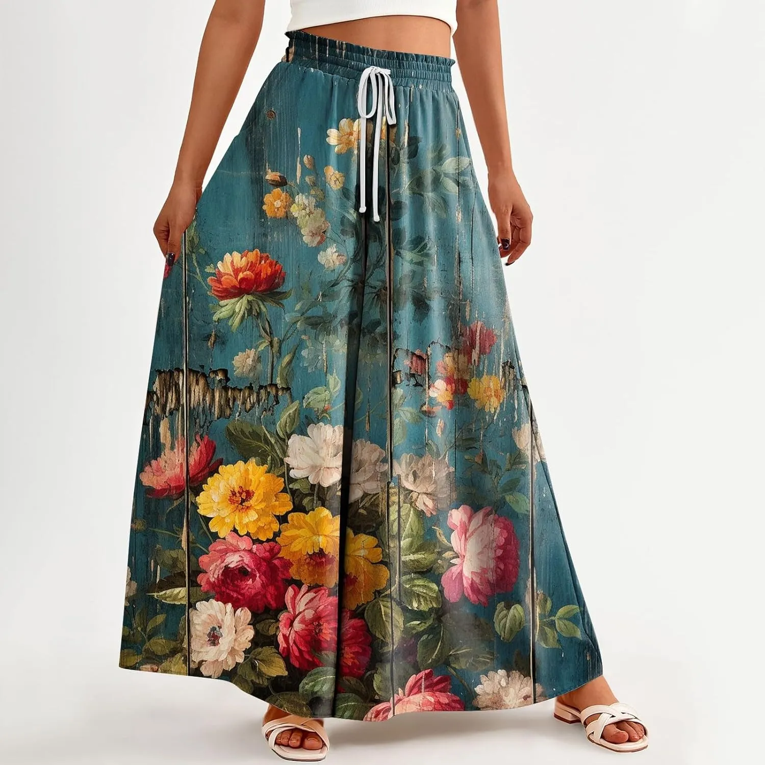 Womens Wide Leg Pants Women's Casual Trendy Loose Fit Elastic High Waist Wide Leg Trousers Flowy Long Pants
