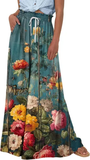Womens Wide Leg Pants Women's Casual Trendy Loose Fit Elastic High Waist Wide Leg Trousers Flowy Long Pants