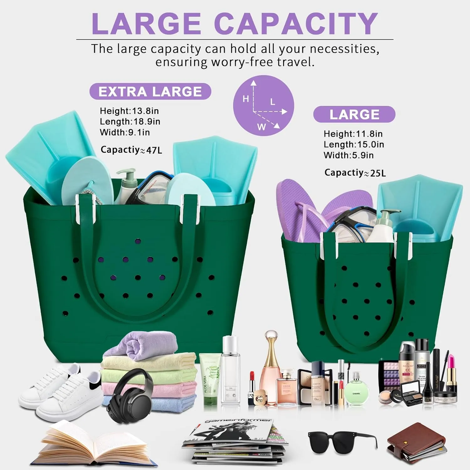 X-Large Beach Rubber Tote Bag Washable Travel Waterproof Sandproof Durable Modern Sports Handbag Groceries Pool