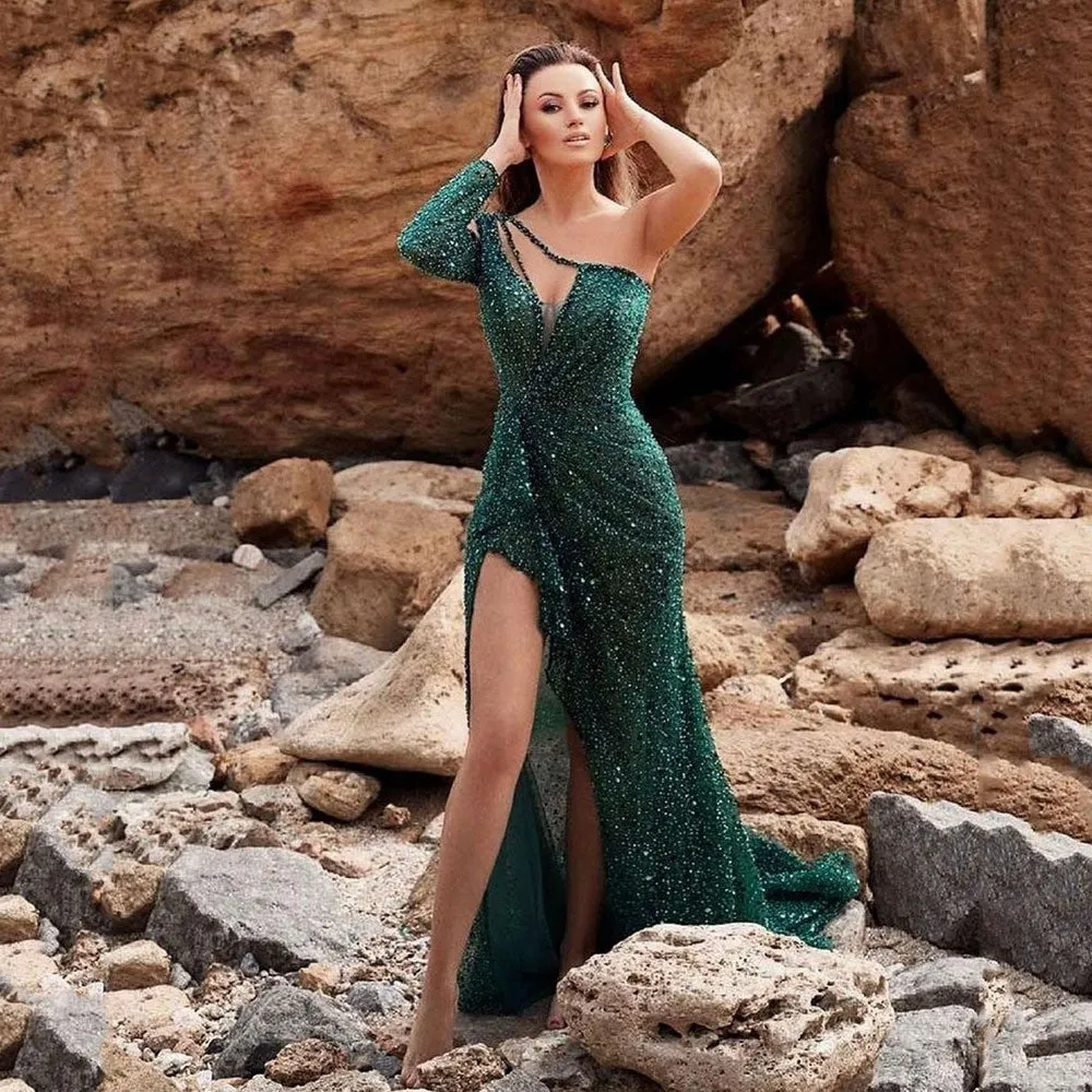 XAKXX  Feminine light luxury celebrity sexy dress high split leg sequined evening dress 2025 single shoulder fashion women's skirt
