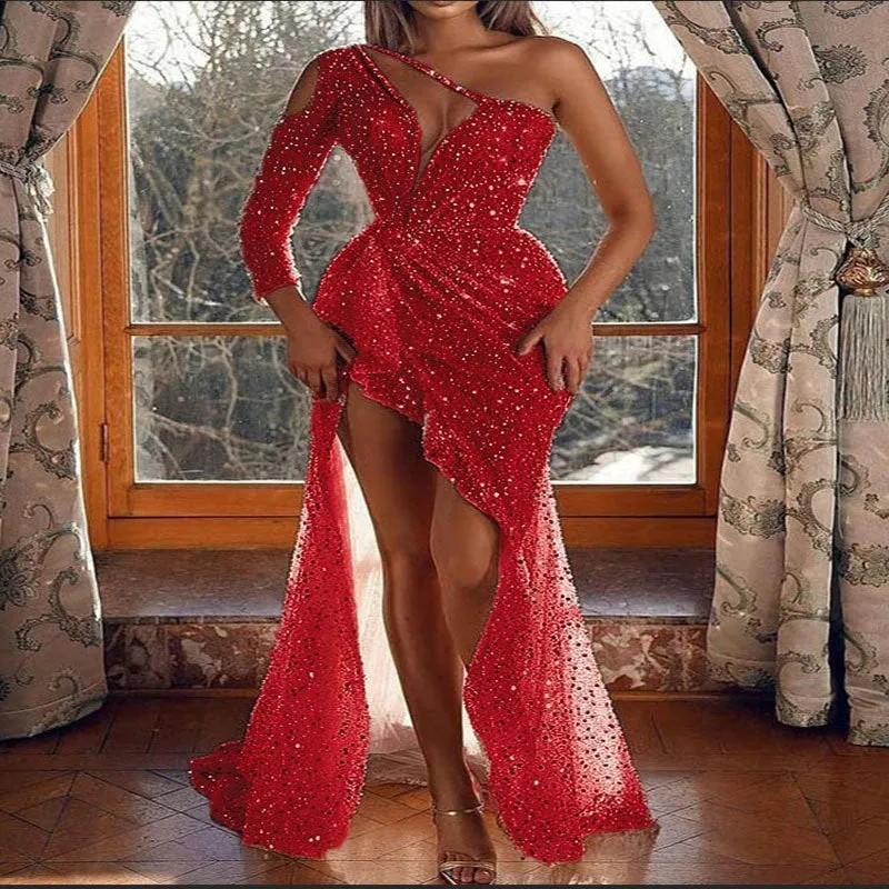 XAKXX  Feminine light luxury celebrity sexy dress high split leg sequined evening dress 2025 single shoulder fashion women's skirt