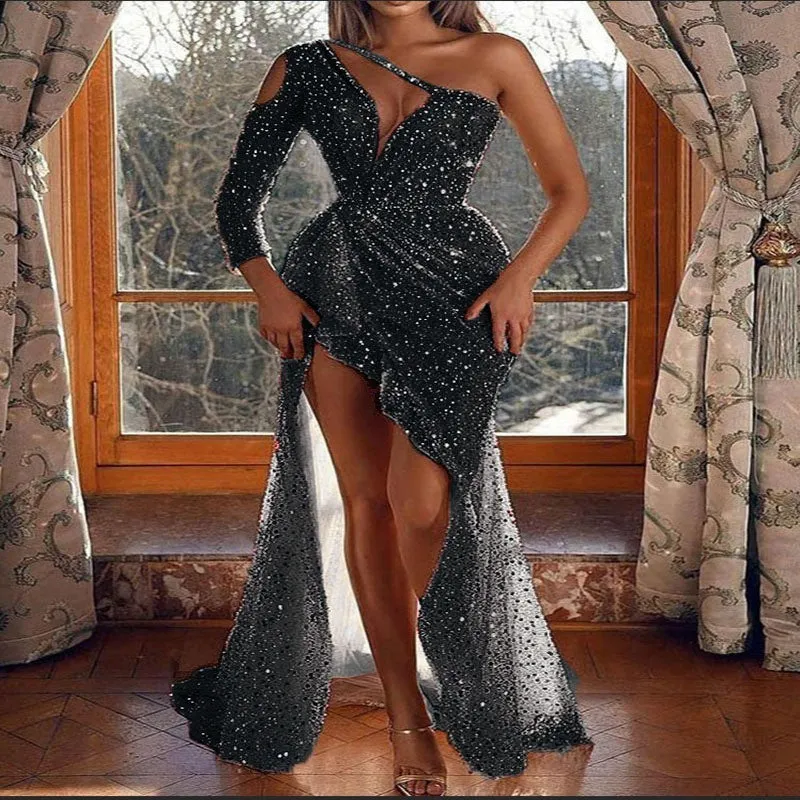 XAKXX  Feminine light luxury celebrity sexy dress high split leg sequined evening dress 2025 single shoulder fashion women's skirt