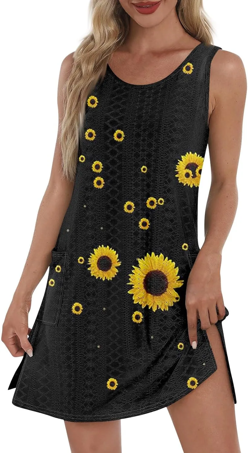 ZEFOTIM Beachy Floral Eyelet Dress for Women 2025 Summer Sleeveless Mini Sundress Hawaiian Dresses with Pockets