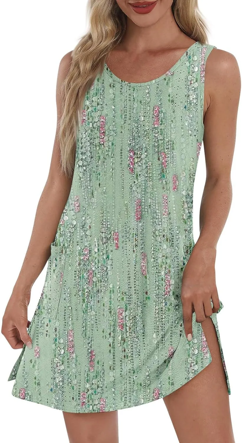 ZEFOTIM Beachy Floral Eyelet Dress for Women 2025 Summer Sleeveless Mini Sundress Hawaiian Dresses with Pockets