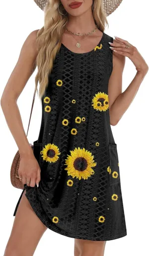ZEFOTIM Beachy Floral Eyelet Dress for Women 2025 Summer Sleeveless Mini Sundress Hawaiian Dresses with Pockets
