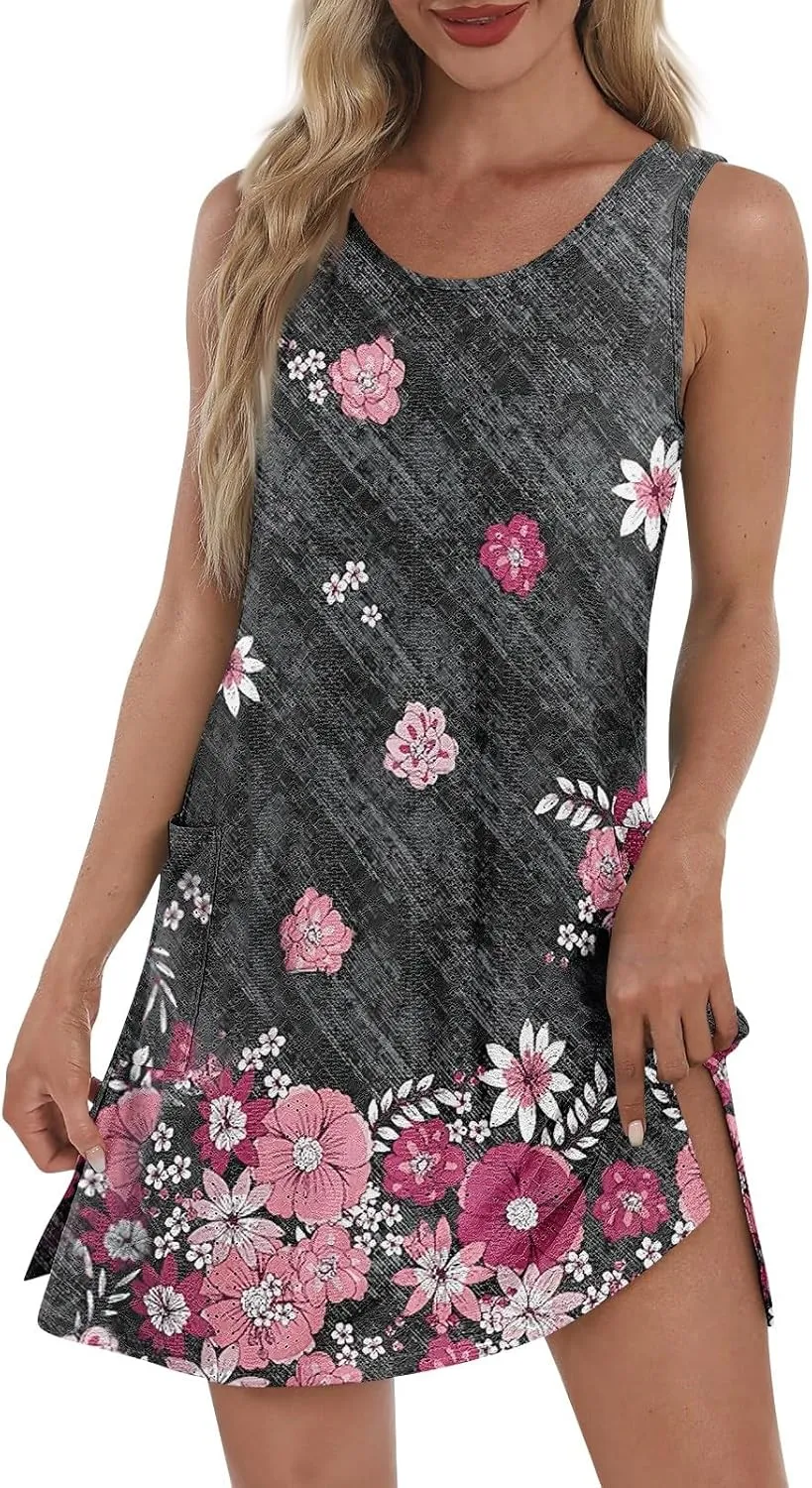 ZEFOTIM Beachy Floral Eyelet Dress for Women 2025 Summer Sleeveless Mini Sundress Hawaiian Dresses with Pockets