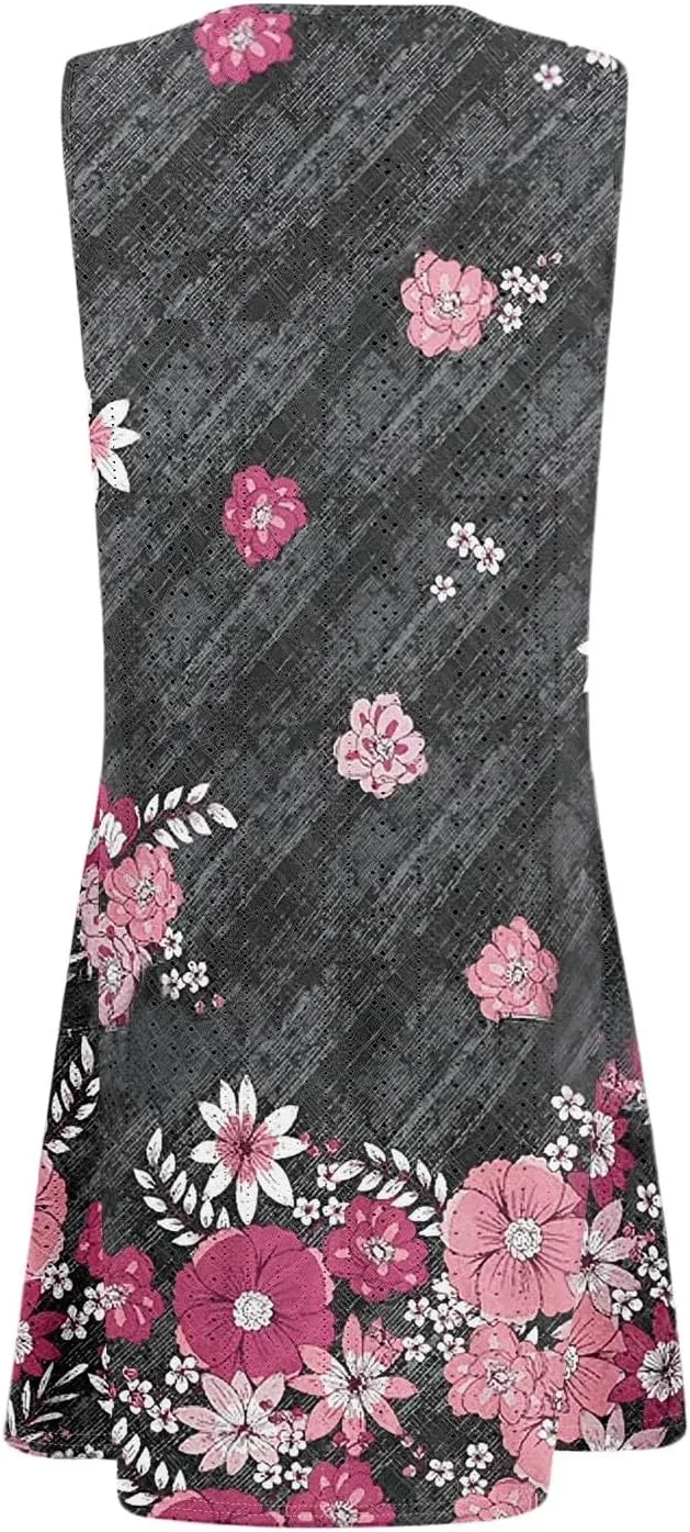 ZEFOTIM Beachy Floral Eyelet Dress for Women 2025 Summer Sleeveless Mini Sundress Hawaiian Dresses with Pockets