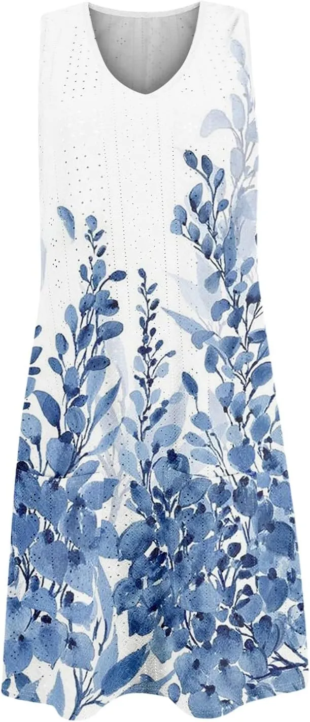ZEFOTIM Beachy Floral Eyelet Dress for Women 2025 Summer Sleeveless Mini Sundress Hawaiian Dresses with Pockets