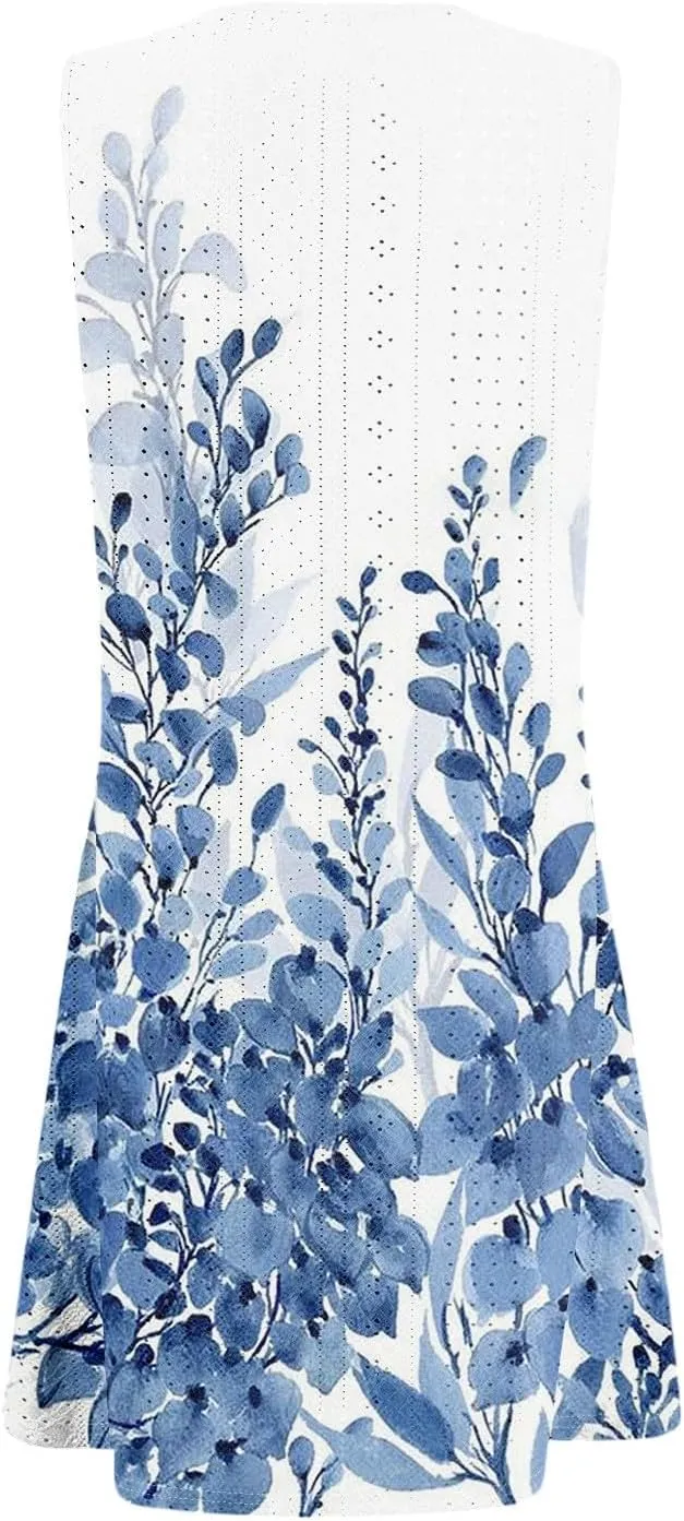 ZEFOTIM Beachy Floral Eyelet Dress for Women 2025 Summer Sleeveless Mini Sundress Hawaiian Dresses with Pockets