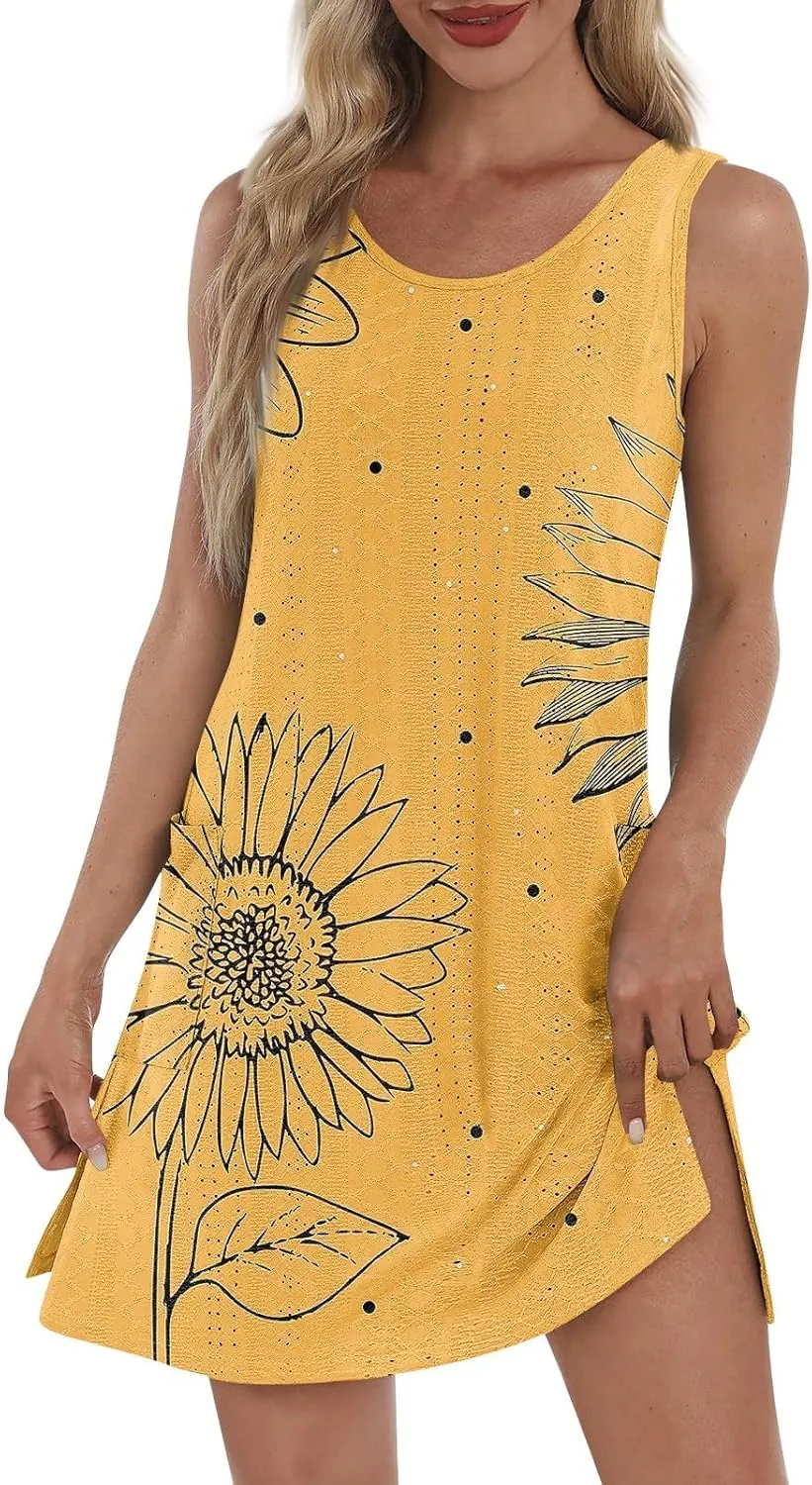 ZEFOTIM Beachy Floral Eyelet Dress for Women 2025 Summer Sleeveless Mini Sundress Hawaiian Dresses with Pockets