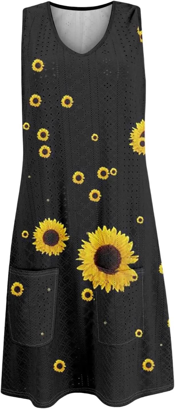 ZEFOTIM Beachy Floral Eyelet Dress for Women 2025 Summer Sleeveless Mini Sundress Hawaiian Dresses with Pockets