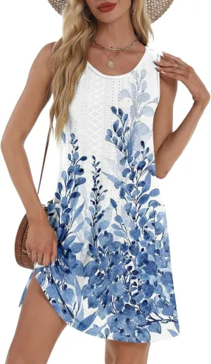 ZEFOTIM Beachy Floral Eyelet Dress for Women 2025 Summer Sleeveless Mini Sundress Hawaiian Dresses with Pockets