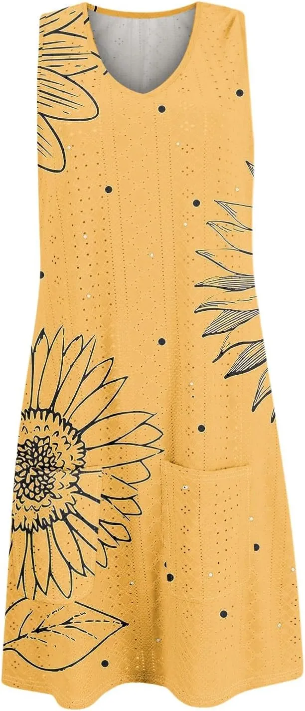 ZEFOTIM Beachy Floral Eyelet Dress for Women 2025 Summer Sleeveless Mini Sundress Hawaiian Dresses with Pockets