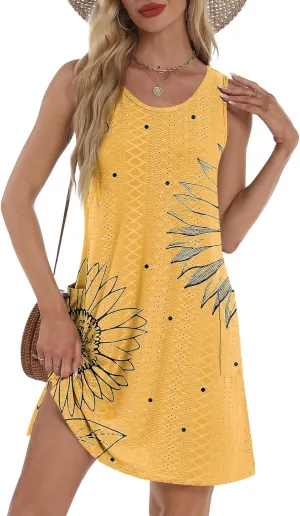 ZEFOTIM Beachy Floral Eyelet Dress for Women 2025 Summer Sleeveless Mini Sundress Hawaiian Dresses with Pockets
