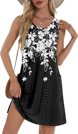 ZEFOTIM Beachy Floral Eyelet Dress for Women 2025 Summer Sleeveless Mini Sundress Hawaiian Dresses with Pockets