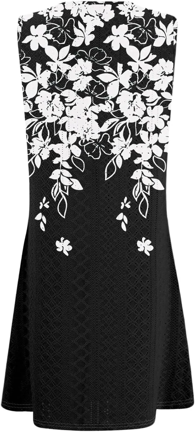 ZEFOTIM Beachy Floral Eyelet Dress for Women 2025 Summer Sleeveless Mini Sundress Hawaiian Dresses with Pockets