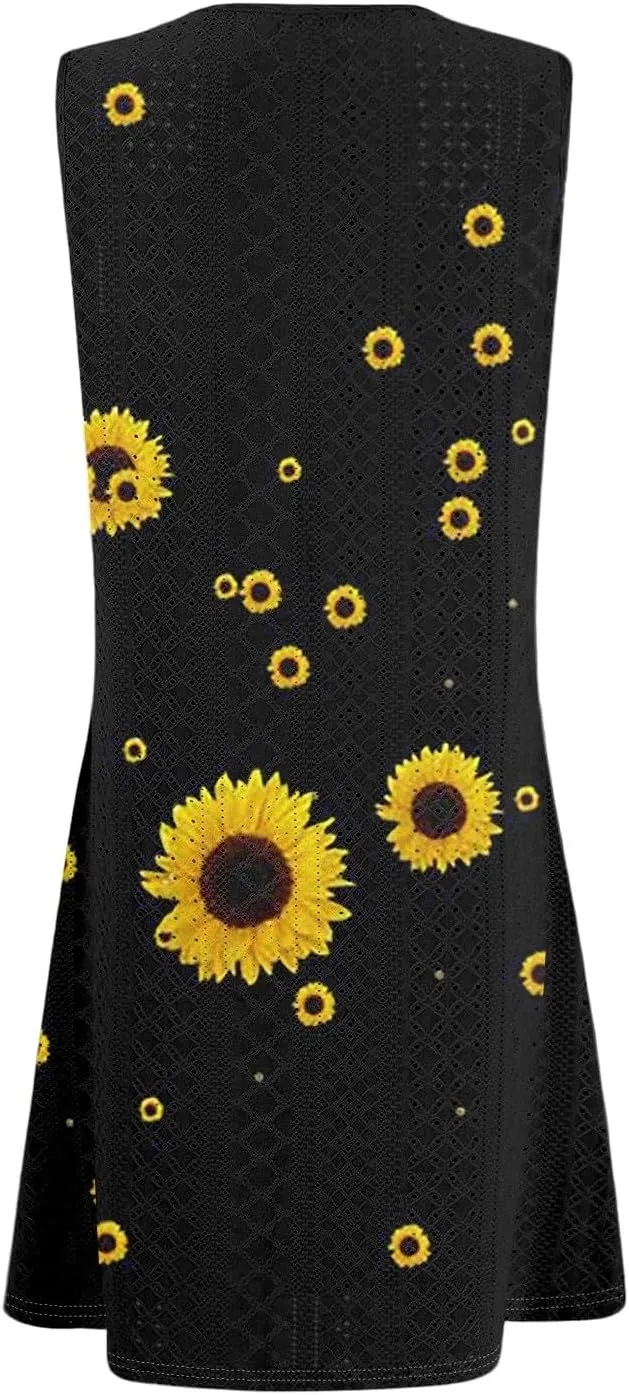 ZEFOTIM Beachy Floral Eyelet Dress for Women 2025 Summer Sleeveless Mini Sundress Hawaiian Dresses with Pockets