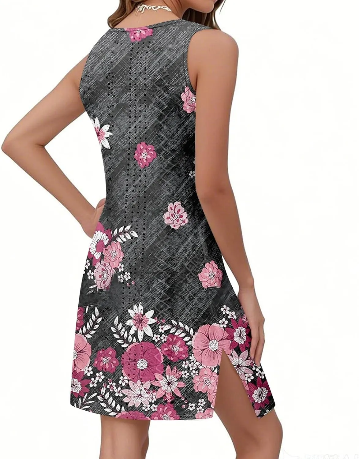 ZEFOTIM Beachy Floral Eyelet Dress for Women 2025 Summer Sleeveless Mini Sundress Hawaiian Dresses with Pockets