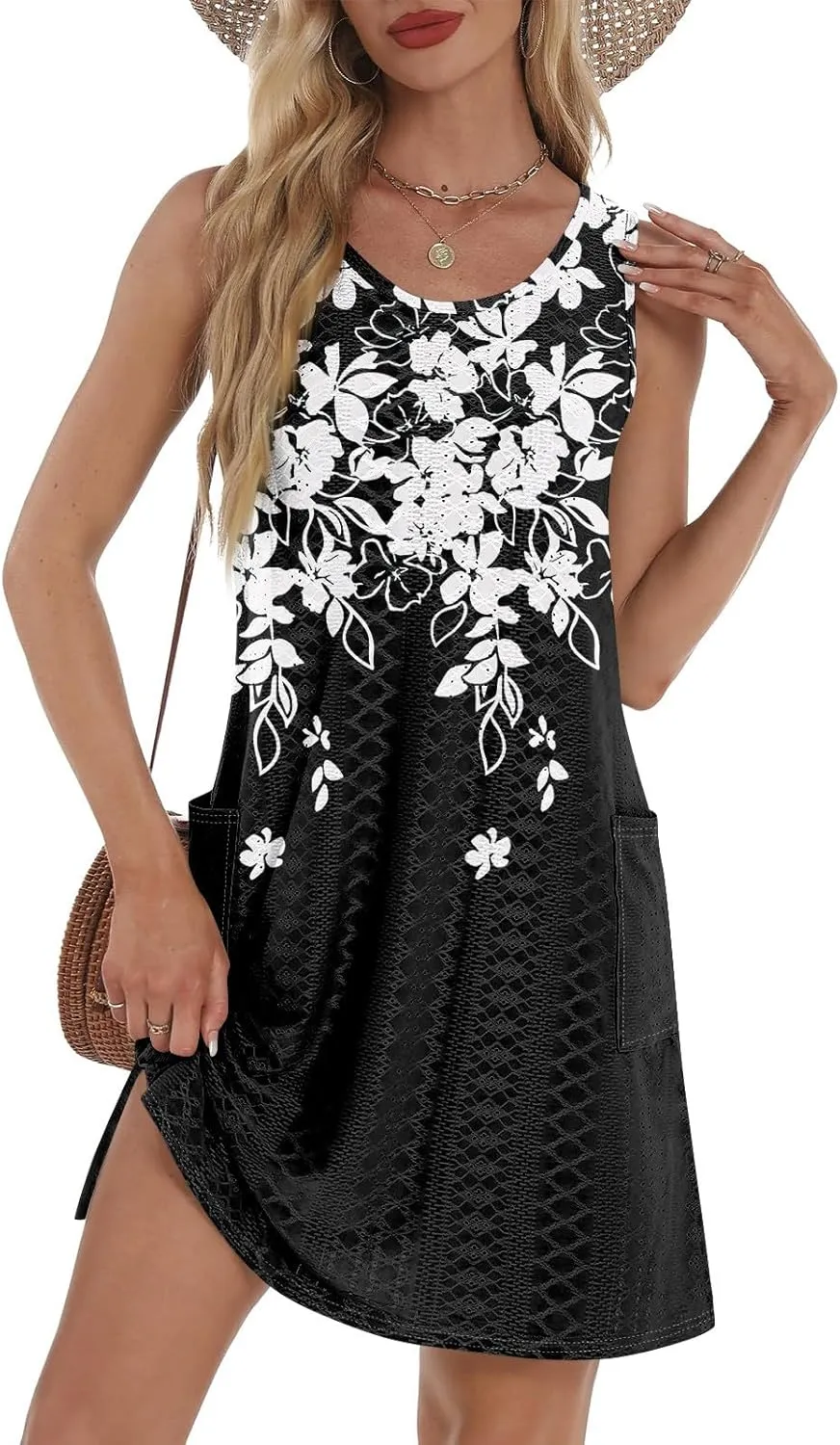 ZEFOTIM Beachy Floral Eyelet Dress for Women 2025 Summer Sleeveless Mini Sundress Hawaiian Dresses with Pockets