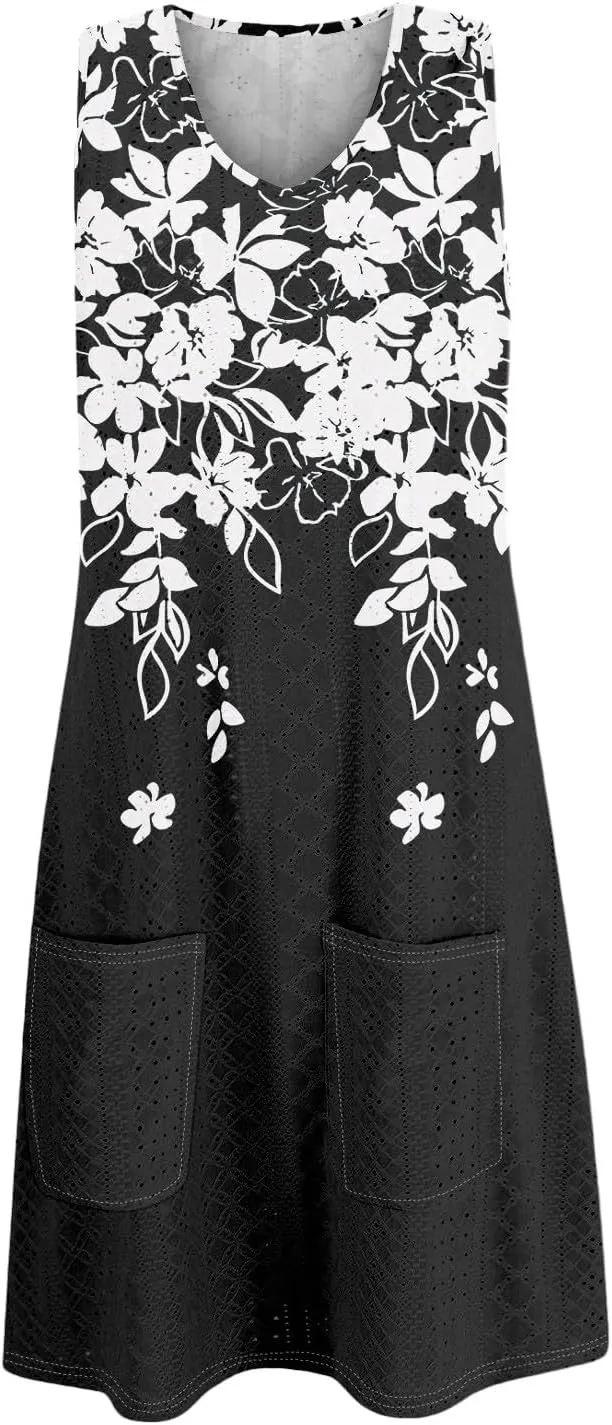 ZEFOTIM Beachy Floral Eyelet Dress for Women 2025 Summer Sleeveless Mini Sundress Hawaiian Dresses with Pockets